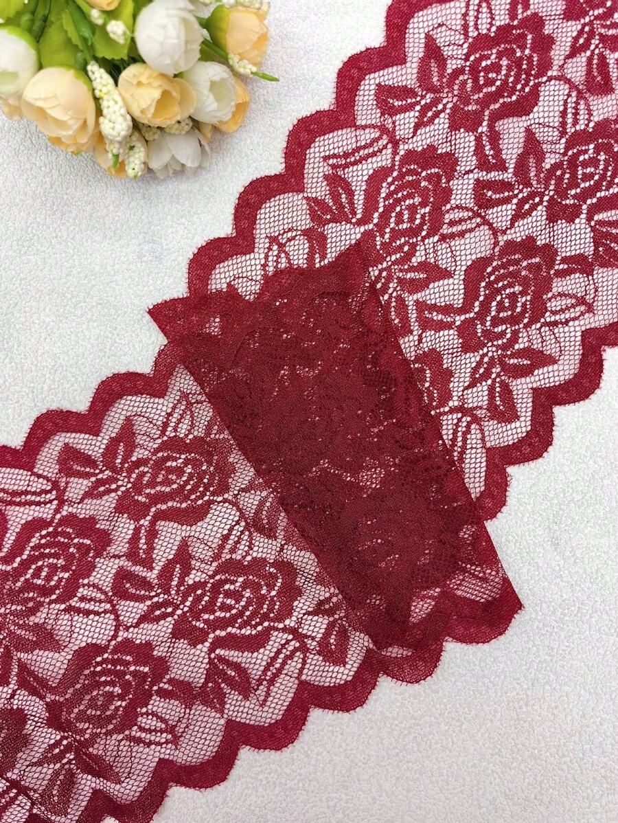 1pc/200cm Soft Stretch Lace Trim, 15cm Wide, Fashion Garment Accessory - Burgundy - View 1