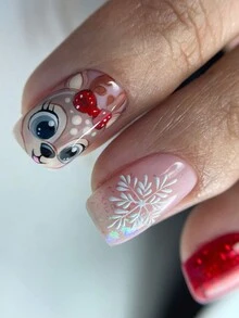 卡通鹿饼干人 5D 圣诞浮雕指甲贴纸 2 件白色几何线条星星糖果雪花蝴蝶结心形麋鹿彩色姜饼人 DIY 可爱冬季圣诞节雕刻自粘贴花滑块美甲装饰 - 彩色 - 查看 9