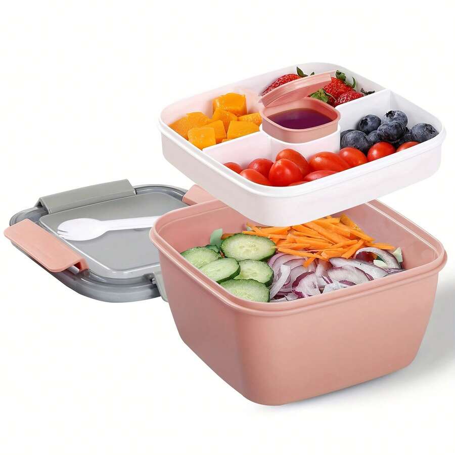 1pc Salad Box, Portable Salad Lunch Container, 2 Compartments With Dressing Cup, Large Bento Boxes, Meal Prep To Go Containers For Food Fruit Snack Lunch Bag Lunch Box Lunchbox Lunch Bag Women For School For Teacher For Travel For Camping Cooler Bag For Picnic For Classroom Cool Bag Picnic Bag Office Accessories - Multicolor - View 1