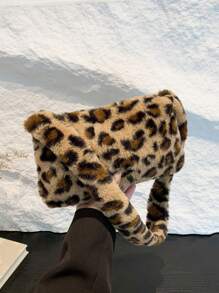 Bolso de mano mini esponjoso casual de moda, bolso de hombro con estampado de leopardo y peludo para mujer, monedero suave y esponjoso versátil para otoño/invierno, bolso con estampado de leopardo de