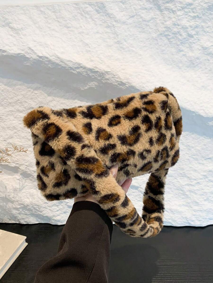 Bolso de mano mini esponjoso casual de moda, bolso de hombro con estampado de leopardo y peludo para mujer, monedero suave y esponjoso versátil para otoño/invierno, bolso con estampado de leopardo de