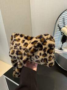 Bolso de mano mini esponjoso casual de moda, bolso de hombro con estampado de leopardo y peludo para mujer, monedero suave y esponjoso versátil para otoño/invierno, bolso con estampado de leopardo de