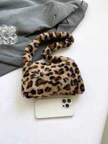 Bolso de mano mini esponjoso casual de moda, bolso de hombro con estampado de leopardo y peludo para mujer, monedero suave y esponjoso versátil para otoño/invierno, bolso con estampado de leopardo de