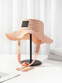 1pc Checkered Breathable Wide Brim Lace-Up Retro Bucket Hat, Large Brim UV Protection Sun Hat For Spring & Summer - Multicolor - View 3