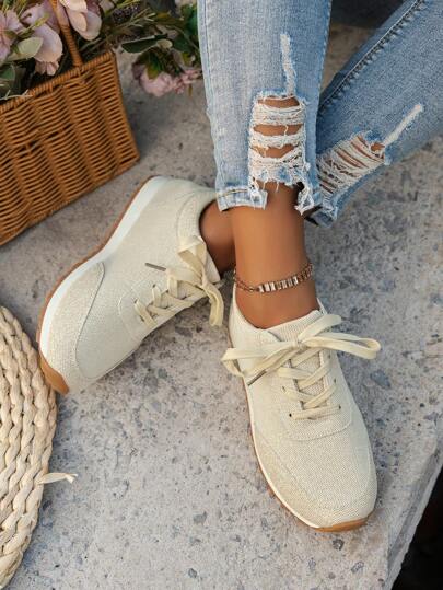 New Women's Glitter Casual Flat Sneakers, Versatile Beige Athletic Shoes