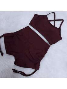Women's Gym Set Cropped Top And Bermuda Shorts With Side Ties Sport Fitness - 酒紅色 - 查看 2