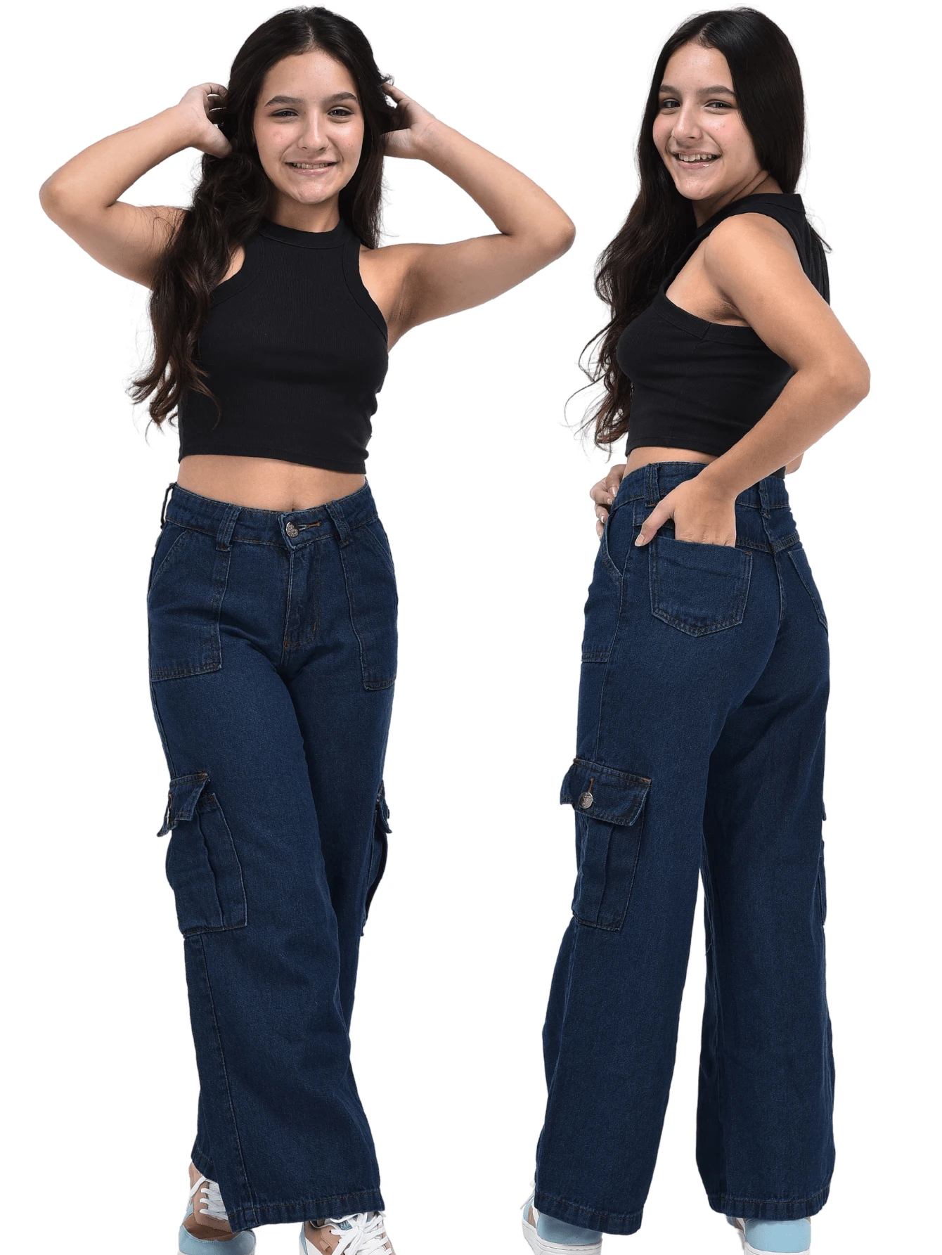 Blogger Girl Cargo Jeans With Side Pockets - Azul lavado oscuro - Ver 1