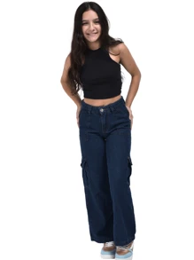 Blogger Girl Cargo Jeans With Side Pockets - Dark Wash - View 4