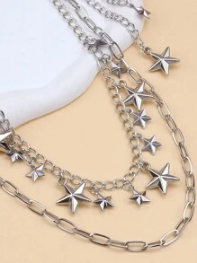 1pc Silver Double Layer Star Pendant Jeans Chain, Fashion Street Punk Goth Metal Chain Decorative Accessories Summer, School