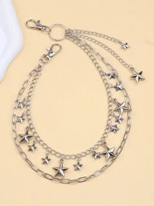 1pc Silver Double Layer Star Pendant Jeans Chain, Fashion Street Punk Goth Metal Chain Decorative Accessories Summer, School