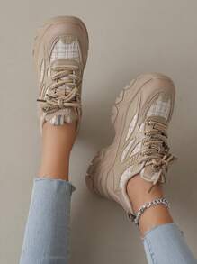 Nuevos tenis casuales de suela gruesa color caqui, tenis planos de moda de cordones gruesos de tela para todas las estaciones para mujeres - Caqui - Ver 4