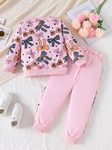 Young Girls' Casual Halloween Pattern Sweatshirt And Sweatpants Set - Pink - View 2