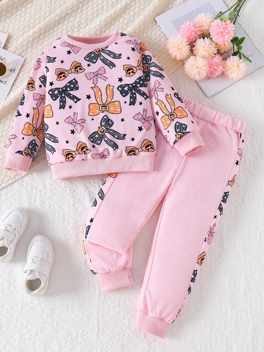 Young Girls' Casual Halloween Pattern Sweatshirt And Sweatpants Set - Pink - View 1