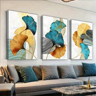 带框 3 幅抽象帆布海报蓝绿黄金银杏墙艺术画绿黄植物叶帆布印刷品北欧墙艺术现代艺术品客厅卧室家居装饰的理想礼物