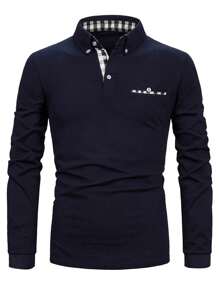 Camisa polo casual masculina com estampa xadrez de retalhos