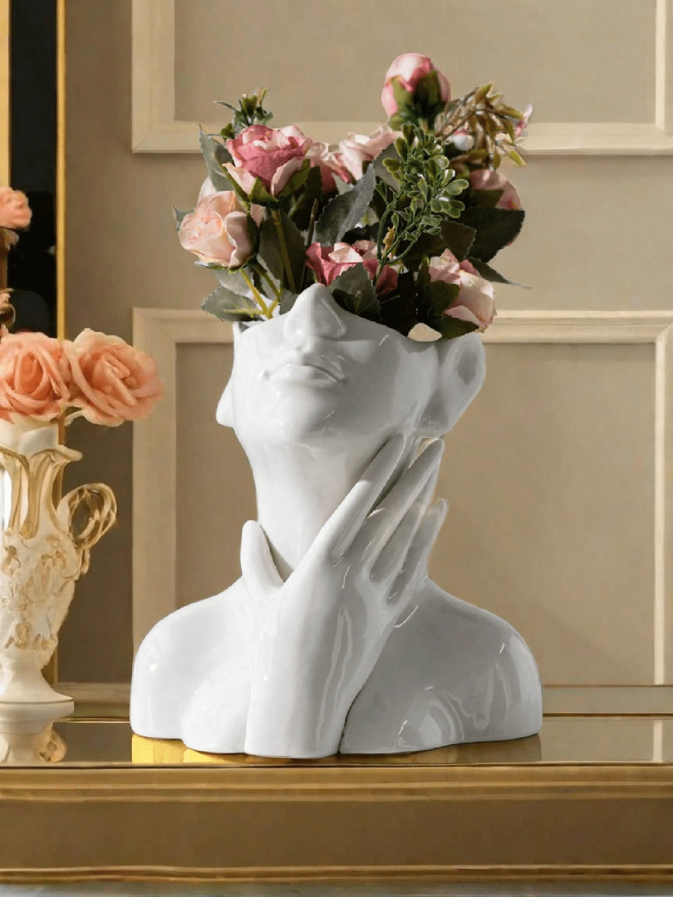 1入組樹脂人面形狀的花瓶，波西米亞極簡現代北歐風格花瓶，適用於家居客廳辦公室書架裝飾 - 白色 - 查看 1