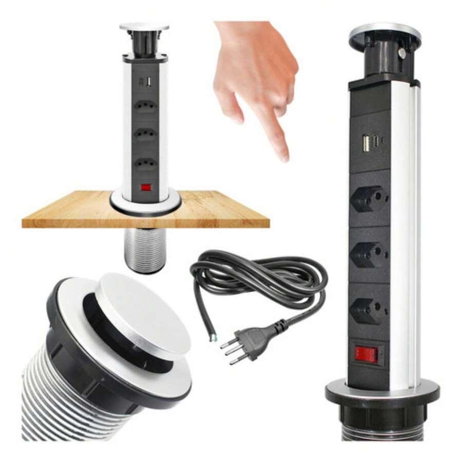 Retractable Socket Tower 3 Inputs + USB Type C Built-In Sliding Bivolt Multiplug Table - Xám - Xem 1