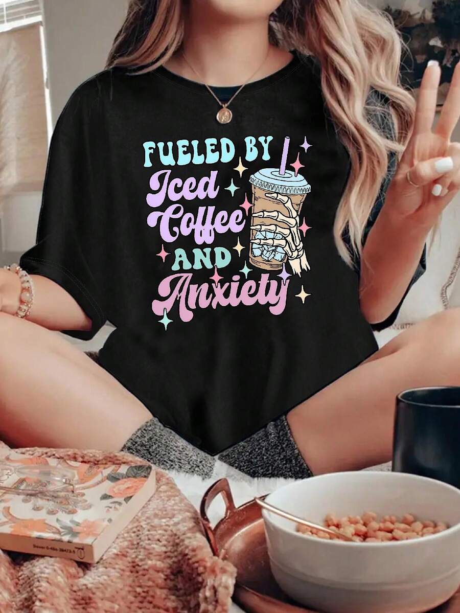 Áo thun cổ tròn in họa tiết cho nữ, áo thun tay ngắn thường ngày mùa xuân hè - màu đen - Xem 1