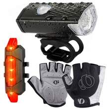Kit Ciclista Farol Lanterna Sinalizador Pisca Recarregável Luva Com Gel Meio Dedo Bike Mtb - Preto - Visão 1