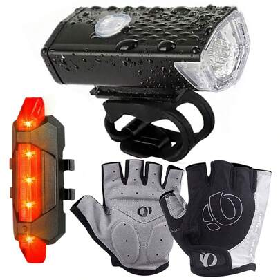 Kit Ciclista Farol Lanterna Sinalizador Pisca Recarregável Luva Com Gel Meio Dedo Bike Mtb