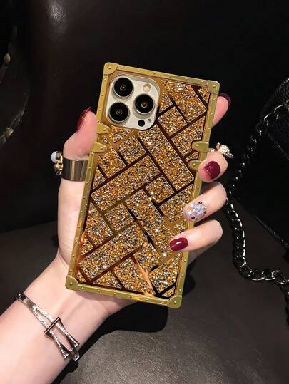 1pc Rhombic Plaid Golden Glitter Mirror Effect Rectangle Pattern Anti-Scratch Stylish Phone Case Waterproof Shockproof Anti-Fall