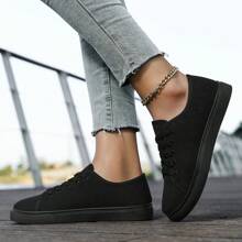 Tênis de lona feminino, sola grossa respirável, cadarço plano, calçados esportivos casuais, tênis macios para lazer ao ar livre, calçados casuais respiráveis da moda - Preto - Ver 4