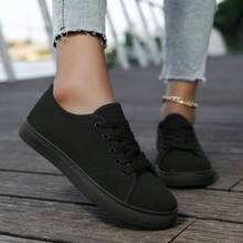 Tênis de lona feminino, sola grossa respirável, cadarço plano, calçados esportivos casuais, tênis macios para lazer ao ar livre, calçados casuais respiráveis da moda - Preto - Ver 5