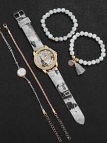 5 件/套女士时尚休闲石英腕表带数字、心形、埃菲尔铁塔图案 + 手链 - 灰色 - 查看 4