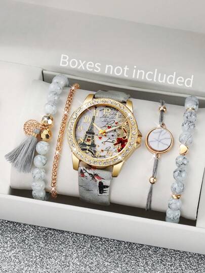5pcs/Set Women Fashion Casual Quartz Wrist Watch With Digit, Heart, Eiffel Tower Pattern + Bracelet