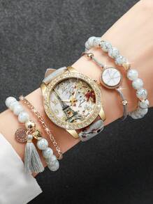 5 件/套女士时尚休闲石英腕表带数字、心形、埃菲尔铁塔图案 + 手链 - 灰色 - 查看 2