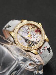 5 件/套女士时尚休闲石英腕表带数字、心形、埃菲尔铁塔图案 + 手链 - 灰色 - 查看 7