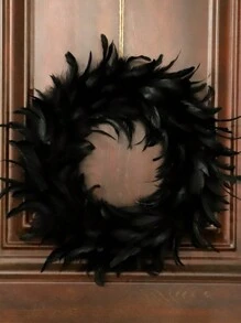 13.7in Black Artificial Feather Wreath, Halloween Front Door Wreath Door Hanging Spooky Scene Decor Photos Props Party Favors For Indoor Outdoor Halloween Christmas Ornaments - 黑色 - 查看 2