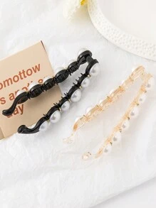 2pcs Large Size Banana Clips Vertical Hair Clips Korean Minimalist Faux Pearl & Rhinestone Non-Slip Twist Hair Clips Hair Accessories Claw Clips Hair Claws Hair Barrettes, School Stuff, Pearl Hair Accessories, Looks Of Party