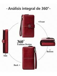 Billetera larga encerado para mujer cartera antimagnética RFID, cartera con cremallera larga, bolso de mano de gran capacidad europeo y americano - Rojo - Ver 6