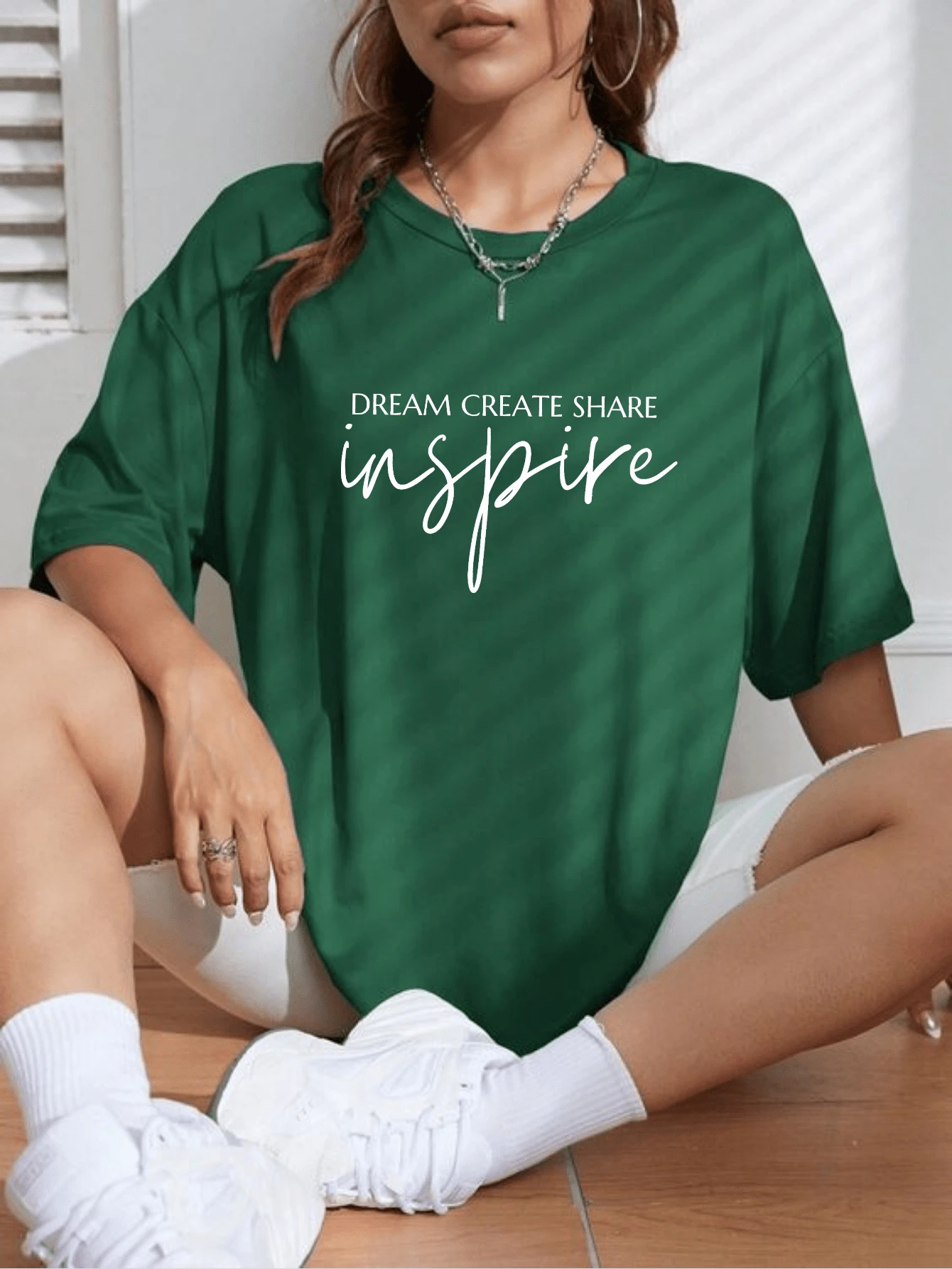T-Shirt Women's Plus Size Print Dream Create Share Inspire Premium - Màu xanh lá cây đậm - Xem 1