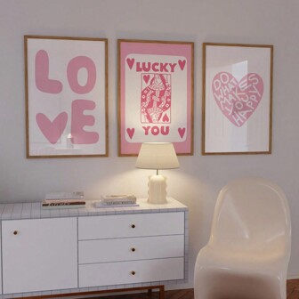 粉色学院风印花 3 件套，粉色画廊墙面艺术，少女房间装饰，粉色幸运女孩爱情励志卧室帆布画墙面艺术装饰，爱情海报，情人节装饰，美学印花，粉彩粉色墙面艺术，大学宿舍印花，无框架