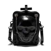 Túi đeo vai hình đầu lâu đinh tán Punk chủ đề Halloween, túi da PU có nắp hình bộ xương có khóa kéo, túi đeo chéo Gothic tối màu, túi mini cá nhân hóa có dây xích kim loại dành cho nam nữ - màu đen - Xem 3