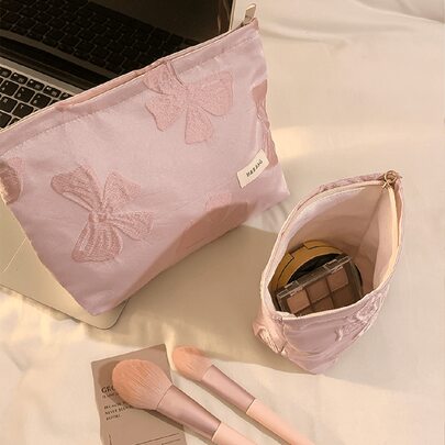 Túi đựng đồ trang điểm in nổi nơ hồng, túi đựng mỹ phẩm có khóa kéo dung tích lớn, túi đựng đồ đa năng. Túi vệ sinh, túi vệ sinh, túi đựng tiền xu, túi đựng mỹ phẩm vuông màu hồng, túi đựng đồ trang điểm dung tích lớn, dung tích lớn khi đi du lịch