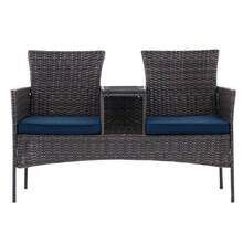 Wicker Outdoor Loveseat Modern Rattan 2-Seat Patio Conversation Set With Cushions & Built-In Coffee Table Porch Furniture - Brown/Blue - View 1