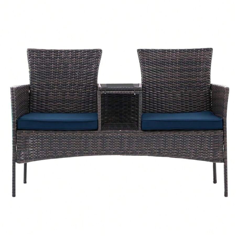 Wicker Outdoor Loveseat Modern Rattan 2-Seat Patio Conversation Set With Cushions & Built-In Coffee Table Porch Furniture - Brown/Blue - View 1