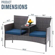 Wicker Outdoor Loveseat Modern Rattan 2-Seat Patio Conversation Set With Cushions & Built-In Coffee Table Porch Furniture - Brown/Blue - View 3