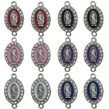 12/24 peças Liga Esmalte Virgem Maria Charms Mix Color Esmalte Incrustação Strass Nossa Senhora Link Medalha Floral Peça Central Conexão Para Fazer Joias