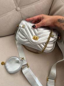 Baguette And Crossbody Bag With 2 In 1 Strap With Coin Case Fashion Pu With Metal Lock With Chain - Plateado - Ver 1