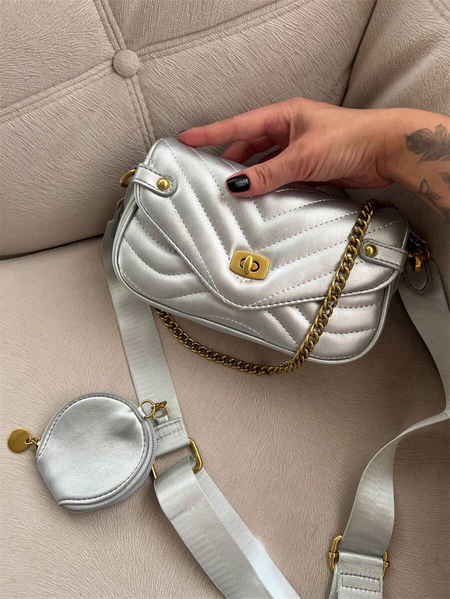 Baguette And Crossbody Bag With 2 In 1 Strap With Coin Case Fashion Pu With Metal Lock With Chain - Plateado - Ver 1