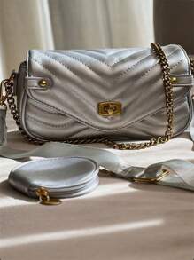 Baguette And Crossbody Bag With 2 In 1 Strap With Coin Case Fashion Pu With Metal Lock With Chain - Plateado - Ver 2