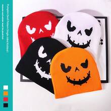 1 pieza Gorro tejido con estampado de calabaza de Halloween, cómodo, cálido, personalizado, apropiado para hip hop, adecuado para regalos de Halloween - Multicolor - Ver 3