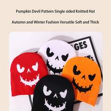 1 pieza Gorro tejido con estampado de calabaza de Halloween, cómodo, cálido, personalizado, apropiado para hip hop, adecuado para regalos de Halloween - Multicolor - Ver 2