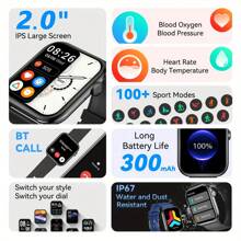 2.0'' Smart Watch Supports Women To Make/Answer Calls, Fitness Trackers With Step/ Calorie/ Tracker, IP67 Waterproof, 100+Exercise Mode, Body Temp Monitor, AI Voice Control, Suitable For Android IOS