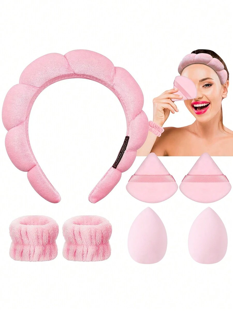 7-Piece Set Wash Makeup Headband Ladies Spa Makeup Remover Clean Face Hairband Set Makeup Sponge Puff High Skull Top Headband Set.