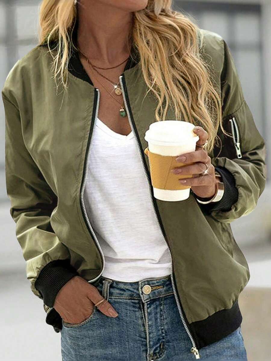 Women's Fashion Stand Collar Zip-Up Lightweight Jacket, Spring/Summer - Army Green - View 1